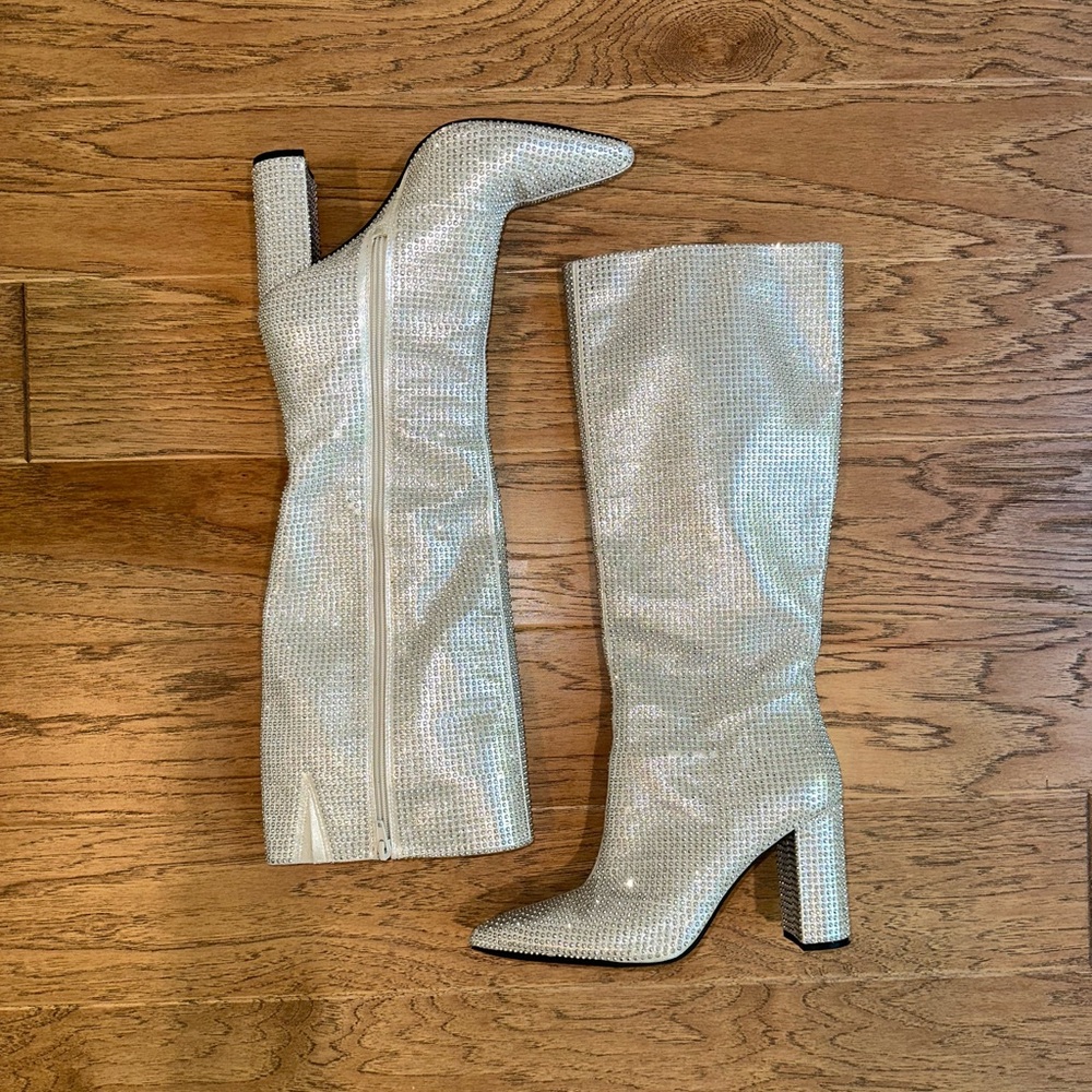 Silver rhinestone knee high boots